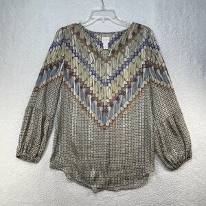 Chicos Blouse Womens US Size Small 4 Green Tan Sheer Long Sleeve V Neck